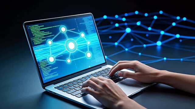 Hands typing on laptop with network diagram