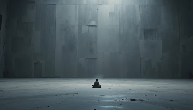 A person sits alone in a dimly lit room with a concrete floor and walls.