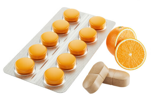 Blister pack of round orange pills with two brown capsules and sliced orange fruit on white