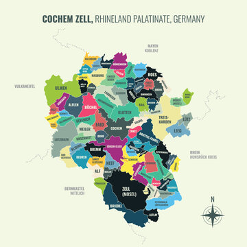 A map showing Cochem Zell RP Kreise into Gemeinden in a minimalist colorful style