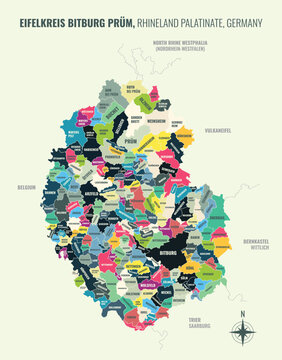 A map showing Eifelkreis Bitburg Pr&uuml;m RP Kreise into Gemeinden in a minimalist colorful style