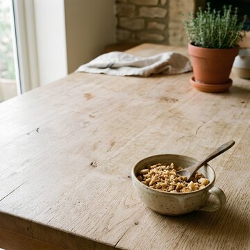 Small ceramic bowl filled with stale bread crumbs placed in the bottom‑right corner of a large light wooden table, most of the table surface kept empty as negative space.