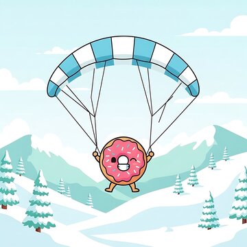 Animated cartoon donut with pink frosting, skydiving with a parachute over a snowy mountain range, winking, and smiling