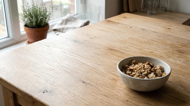 Small ceramic bowl filled with stale bread crumbs placed in the bottom‑right corner of a large light wooden table, most of the table surface kept empty as negative space.