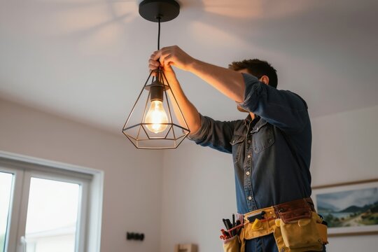 Worker installs modern pendant light fixture with Edison bulb on ceiling. Professional handyman uses tool belt for electrical wiring and connection inside apartment.