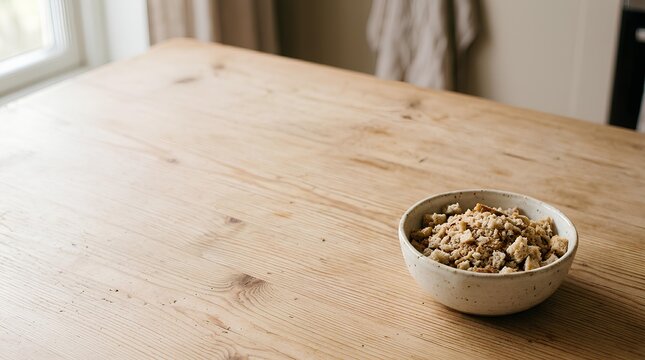 Small ceramic bowl filled with stale bread crumbs placed in the bottom‑right corner of a large light wooden table, most of the table surface kept empty as negative space.