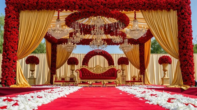 Luxurious Indian Wedding Mandap Stage with Red Roses and Gold Decor