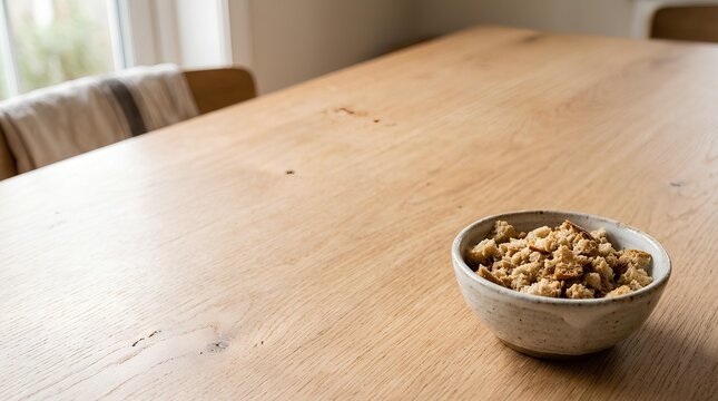 Small ceramic bowl filled with stale bread crumbs placed in the bottom‑right corner of a large light wooden table, most of the table surface kept empty as negative space.