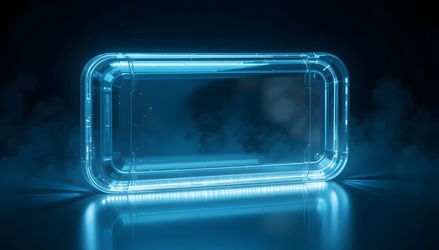 Glowing blue rectangular glass object on dark background.