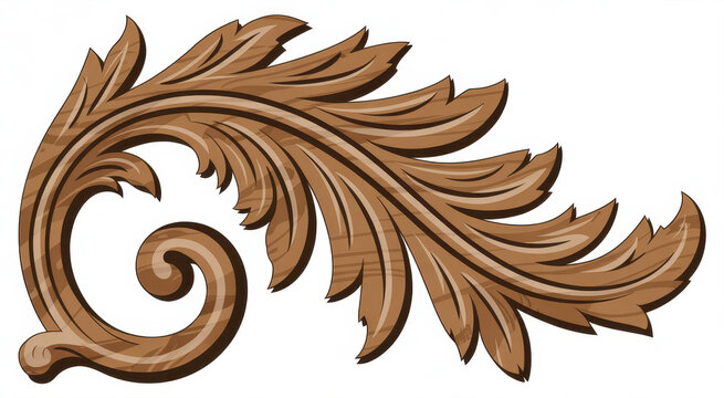 Decorative wooden acanthus leaf carving with detailed grain texture on white background
