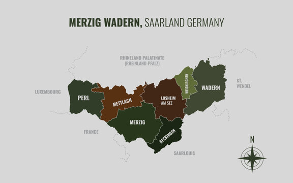 A map showing Merzig Wadern SL Kreise into Gemeinden in a minimalist colorful style