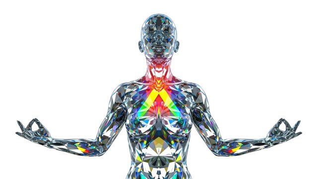 Crystalline Human Figure Meditating with Glowing Heart Chakra Energy