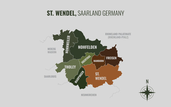 A map showing St. Wendel SL Kreise into Gemeinden in a minimalist colorful style