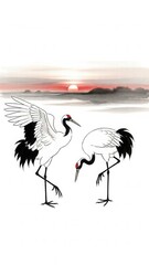 Obraz premium Serene Cranes at Dawn: Two elegant cranes, with their striking black and white plumage, stand poised against a soft sunrise backdrop, capturing a moment of tranquility.