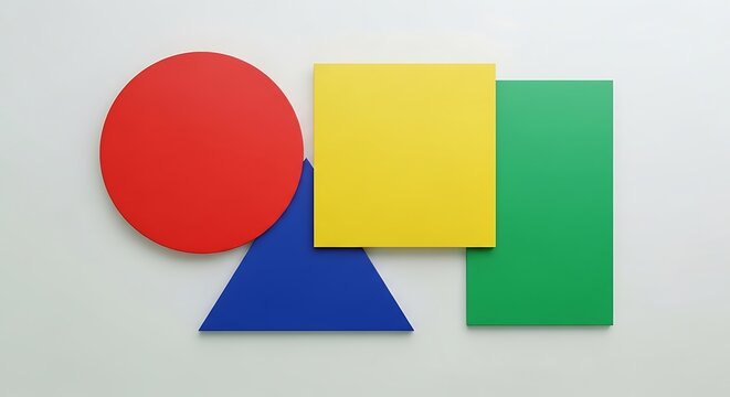 A simple, colorful geometric composition with a circle, square, rectangle and triangle shapes on a white background