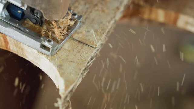 Closeup jigsaw cutting curved plywood edge, sawdust spraying, dynamic workshop energy, cabinetmaker shaping shelf profile, flying chips and debris, revealing smooth rounded contour, rapid precise cut,
