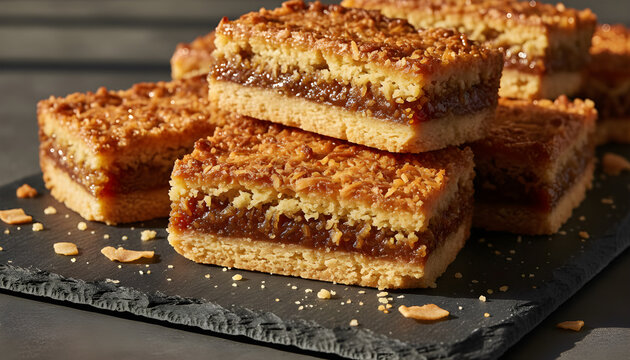 Apricot bar squares with crumb topping on slate
