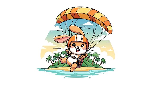 Animated illustration of a cartoon bunny with a helmet, happily parasailing over a tropical island with palm trees and ocean