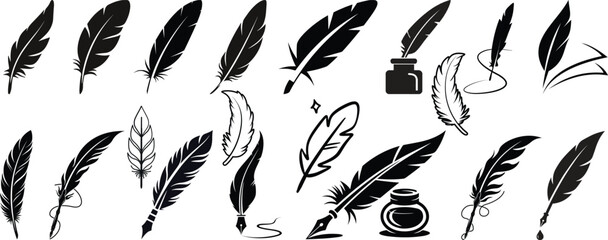 Set of detailed majestic feather collection. Bird Feather black silhouettes. Plumelet collection. Vector isolated on white.Detailed majestic feather collection. Feather Set icon,ethnic style set. © Hafsa