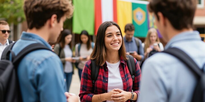 Students talk at university orientation with flags in background. Young adults meet on campus for first day of classes. People greet and communicate.