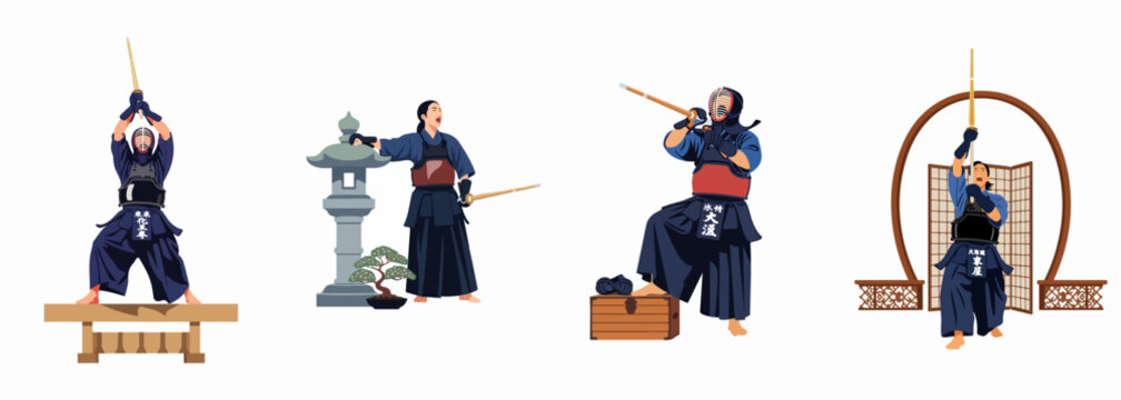 Set of vector illustrations featuring Kendo practitioners in various traditional poses with protective gear, shinai swords, and Japanese cultural elements on white background.