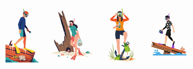 Flat Vector Illustrations of Divers and Snorkelers Exploring Underwater Treasures and Marine Life Set on White Background © Neem