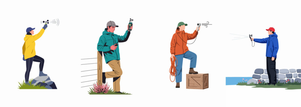 Collection of four illustrations featuring diverse people using handheld anemometers to measure wind speed and weather conditions in various outdoor environments.