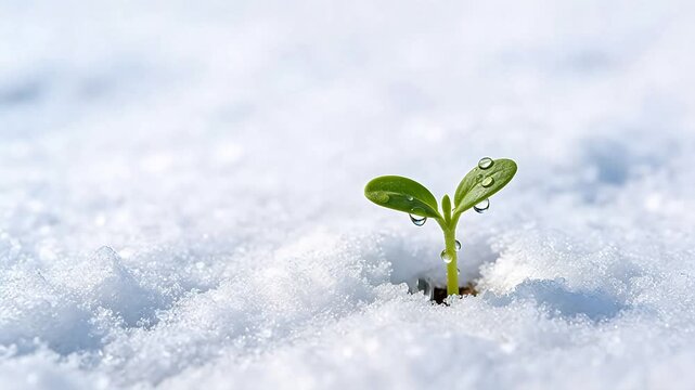 Green sprout in snowy ground