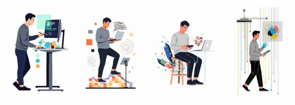 Vector illustrations of young men working with modern technology, featuring coding, data visualization, digital design, and innovative workspace concepts on white background.