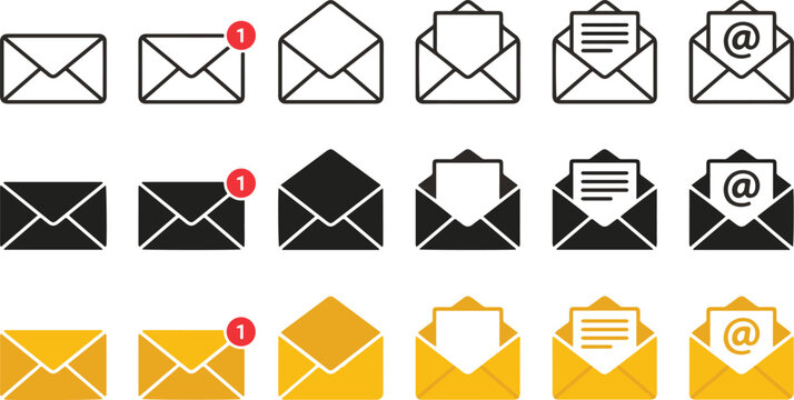 Email envelope icon set outline solid and colored style collection for message notification inbox communication mail service and digital interface vector illustration