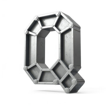 Industrial letter q made of grey metal beams and bolts isolated on a white background, 3d render