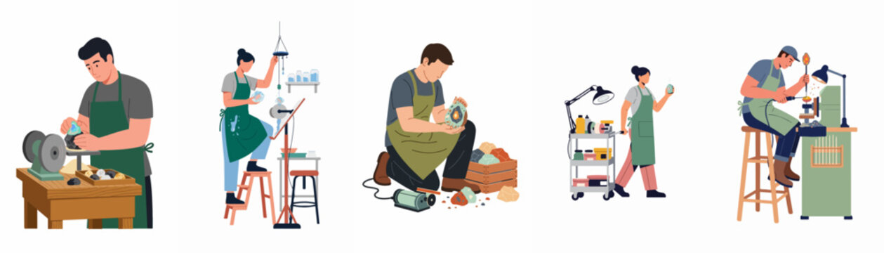 Vector illustration of diverse artisans and craftsmen working in a lapidary workshop, cutting, polishing, and examining various stones, gems, and minerals.