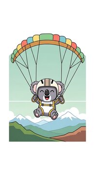 A happy, cartoon koala bear parachuting with a colorful canopy, mountains and a smiling expression