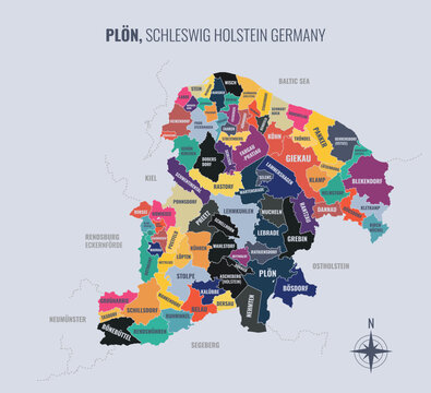 A map showing Pl&ouml;n SH Kreise into Gemeinden in a minimalist colorful style
