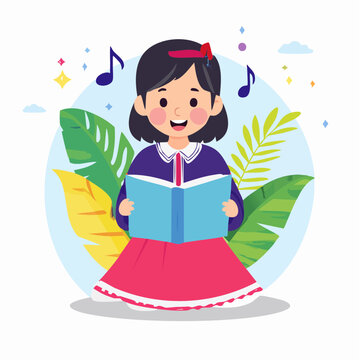 Young Girl Reading a Book with Musical Notes