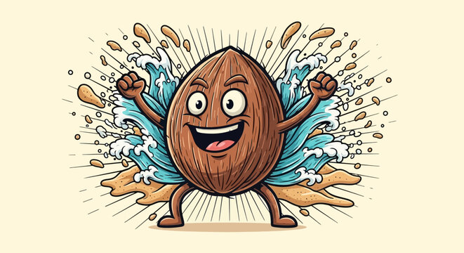 Cartoon coconut character dancing with joyful expressions amidst splashing liquid