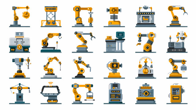 Robotic manipulators demonstrate advanced precision in this comprehensive set of industrial equipment and manufacturing technology icons.