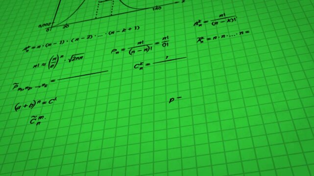 Close-up of handwritten mathematical equations on a green grid paper