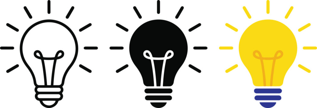 Light bulb idea icon set outline solid and colored style collection for creativity innovation inspiration energy solution and business concept vector illustration