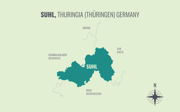 A map showing Suhl TH Kreise into Gemeinden in a minimalist colorful style