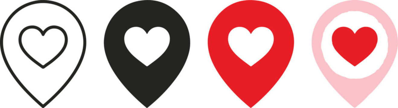 Location pin heart icon set outline solid and colored style collection for love map marker dating app and romantic place vector illustration