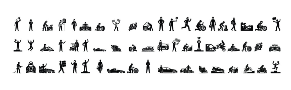 Racing drivers pit crew and motorsport action silhouettes vector collection