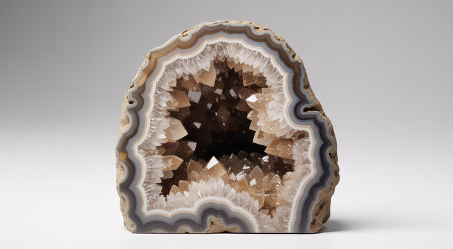 Natural brown agate geode stone with crystal interior isolated on a white background, for geology