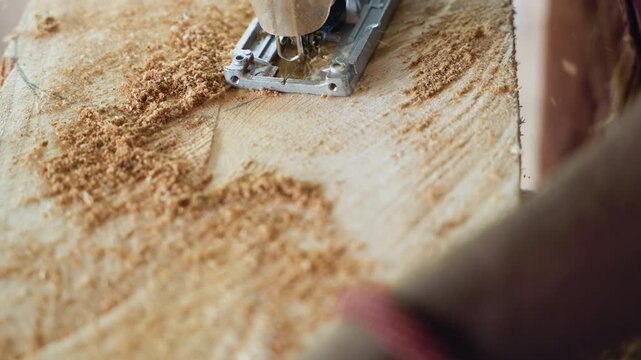 Closeup of Black carpenter hand guiding sander across raw board, forearm and palm visible, rich sawdust trails and shavings, dynamic smoothing of grain, sunlit workshop energy, skilled tactile motion,