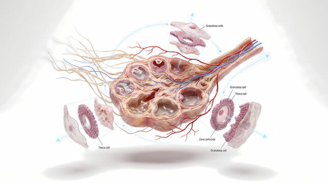 Diagram of the Human Ovary with Follicles and Blood Vessels