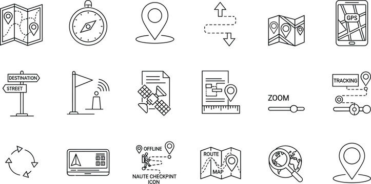 Navigation map location and GPS tracking line icon set with compass route pin direction street zoom geolocation vector collection