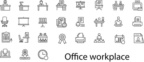 Obraz premium Office workplace business meeting and productivity line icon set with desk presentation document printer team calendar vector collection