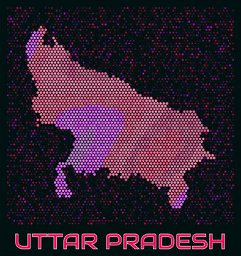 Uttar Pradesh digital style hexagon map. Vibrant magenta purple pink neon dotted shape. State tiny bright hexagon cells. Uttar Pradesh honeycomb map design. Stylish Vector Illustration.