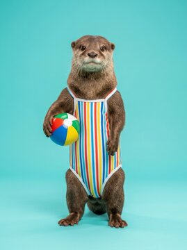 Anthropomorphic otter wearing a striped swimsuit holding a colorful beach ball with dressed