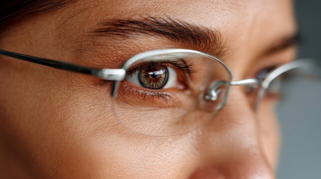 Focused examination of a woman's eye behind glasses close-up portrait indoor setting human emotions